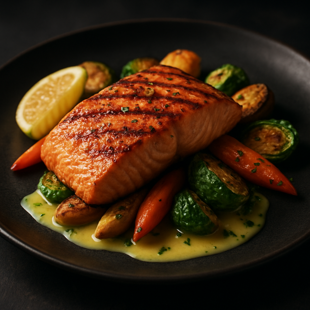Pan-seared salmon with roasted vegetables