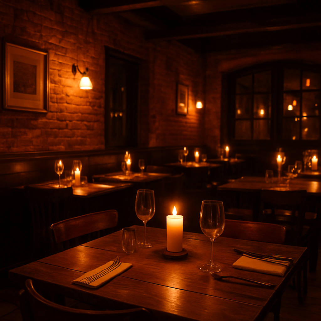 Cozy restaurant interior with golden lighting