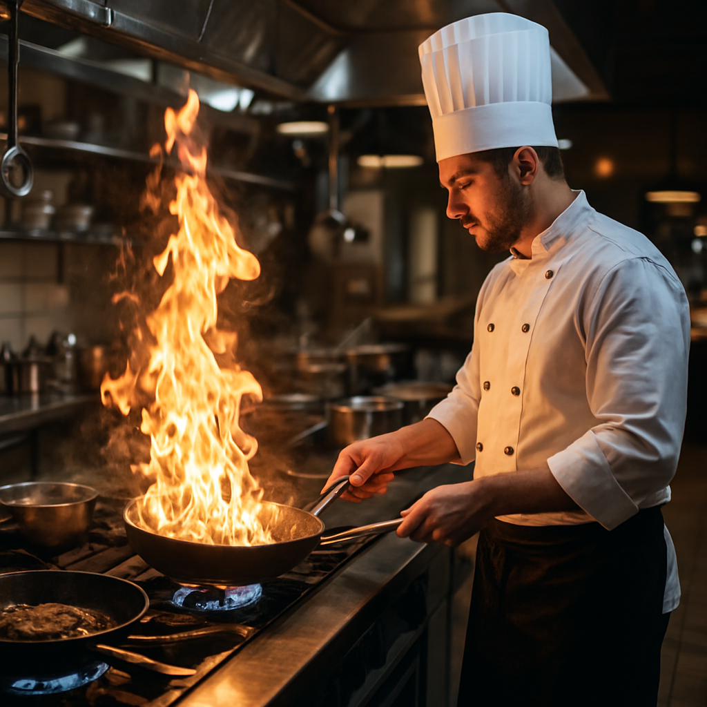 Chef preparing gourmet dishes in open kitchen