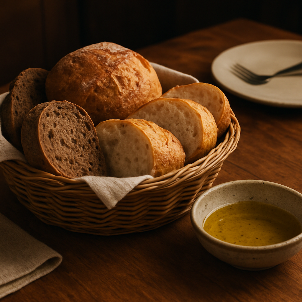 Artisan bread basket with olive oil